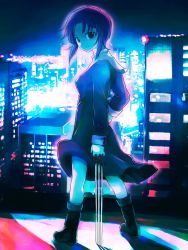 Rule 34 | &gt;:), 00s, 1girl, backlighting, between fingers, black dress, black eyes, black footwear, black keys (type-moon), boots, breasts, building, ciel (tsukihime), city lights, cityscape, closed mouth, dress, full body, holding, knee boots, light, long sleeves, looking at viewer, medium breasts, mekarauroko, night, night sky, outdoors, planted, planted sword, planted weapon, purple hair, short hair, sky, smile, solo, standing, sword, tsukihime, v-shaped eyebrows, weapon