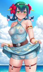 Rule 34 | 1girl, armlet, bare shoulders, beach, belt, blue one-piece swimsuit, blue sky, blush, bracelet, braid, breasts, cameltoe, cleft of venus, collarbone, covered erect nipples, dress swimsuit, earrings, fang, flower, green eyes, green hair, hair between eyes, hair flower, hair ornament, hairband, highres, hitotsuki nebura, jewelry, long hair, looking at viewer, medium breasts, monster hunter (series), monster hunter stories 2, one-piece swimsuit, protagonist (mhs2), see-through, sidelocks, sky, smile, solo, swimsuit, thigh strap, thighs, twin braids, wet, wet clothes