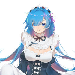 Rule 34 | 1girl, absurdres, alice (mcaredor), alternate hair length, alternate hairstyle, black ribbon, blue eyes, blue hair, breasts, chinese commentary, cleavage, commentary request, frills, grin, hair intakes, hair over one eye, hair ribbon, highres, long hair, long sleeves, looking at viewer, medium breasts, neck ribbon, parted lips, purple ribbon, re:zero kara hajimeru isekai seikatsu, rem (re:zero), ribbon, simple background, smile, solo, upper body, white background