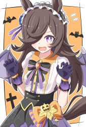 Rule 34 | 1girl, absurdres, animal ears, bat (animal), bat wings, black bow, black gloves, blue flower, blue rose, border, bow, brown hair, claw pose, cross, fake wings, fangs, flower, gloves, halloween, headdress, highres, horse ears, horse girl, horse tail, long hair, looking at viewer, official alternate costume, open mouth, orange background, purple eyes, rice shower (make up vampire!) (umamusume), rice shower (umamusume), rose, short sleeves, solo, tail, toushirou (sugarwhite1046), two-tone background, umamusume, white border, wings