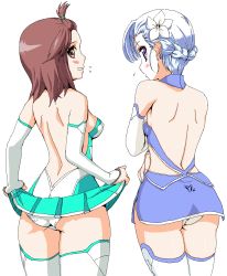 Rule 34 | 10s, 2girls, aonagi hayate, ass, back, backless outfit, bare back, blue hair, blush, bodysuit, breasts, brown eyes, brown hair, clothes lift, collaboration, fin e ld si laffinty, flower, from behind, hair flower, hair ornament, koyopi, kyouno madoka, multiple girls, panties, purple eyes, rinne no lagrange, skirt, skirt lift, small breasts, thighhighs, underwear