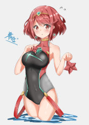 Rule 34 | 1girl, absurdres, bare arms, bare shoulders, black one-piece swimsuit, blue fox (aoba), blush, breasts, chest jewel, competition swimsuit, cowboy shot, gem, grey background, highres, jewelry, medium breasts, nintendo, one-piece swimsuit, pyra (pro swimmer) (xenoblade), pyra (xenoblade), red eyes, red hair, short hair, simple background, solo, starfish, swept bangs, swimsuit, tiara, xenoblade chronicles (series), xenoblade chronicles 2