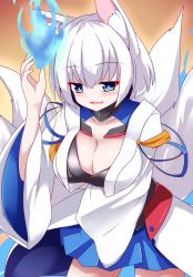 Rule 34 | 1girl, animal ears, azur lane, bad id, bad pixiv id, blue eyes, blue skirt, blush, breasts, cleavage, cowboy shot, fox ears, fox tail, hajime (ak-r), hakama, hakama short skirt, hakama skirt, japanese clothes, kaga (azur lane), large breasts, long sleeves, looking at viewer, multiple tails, parted lips, short hair, skirt, smile, solo, tail, white hair, wide sleeves