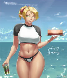 Rule 34 | 1girl, bikini, blonde hair, blue sky, bow, breasts, cake, can, cowboy shot, cropped shirt, day, food, green eyes, hair bow, happy birthday, holding, holding can, holding tray, horizon, large breasts, looking at viewer, lvl (sentrythe2310), medium hair, mountain dew, navel, ocean, original, outdoors, parted lips, pointy ears, ponytail, red bow, short sleeves, signature, sky, smile, solo, standing, stomach, swimsuit, tray, white bikini