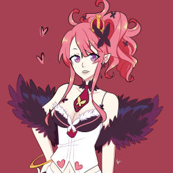 Rule 34 | 1girl, ahoge, bare shoulders, bracelet, breasts, bug, butterfly, butterfly hair ornament, choker, cleavage, collarbone, crown, disgaea, earrings, feather boa, feathers, gold, hair ornament, hand on own hip, heart, highres, bug, jewelry, lipstick, makeup, mini crown, myuto-eve, necktie, pink hair, pink lips, pointy ears, ponytail, purple eyes, red background, seraphina (disgaea), spaghetti strap, updo