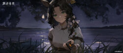 Rule 34 | 1girl, absurdres, animal ears, arm belt, backlighting, belt, blurry, blurry background, boat, branch, brown belt, brown hair, jessica (reverse:1999), closed mouth, collared shirt, controller, copyright name, copyright notice, curly hair, daisy, deer ears, deer girl, ear tag, flower, forest, full moon, grass, green eyes, hair flower, hair ornament, hair over shoulder, head tilt, highres, holding, holding remote control, lake, leaf, logo, long hair, long sleeves, looking at viewer, moon, moon reflection, mountainous horizon, nature, night, night sky, official art, outdoors, outstretched arm, outstretched hand, parted bangs, reaching, reaching towards viewer, reflection, remote control, reverse:1999, second-party source, ship deck, shirt, sky, smile, solo, upper body, water, watercraft, white flower, white shirt