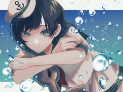 Rule 34 | 1girl, anchor, anchor symbol, arm support, black hair, blue background, bubble, closed mouth, gradient background, green eyes, hat, highres, looking at viewer, murasa minamitsu, one-hour drawing challenge, roserose626, sailor, sailor hat, short hair, smile, solo, touhou, white hat