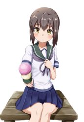 Rule 34 | 10s, 1girl, ame., blush, brown eyes, brown hair, commentary request, dango, feeding, food, fubuki (kancolle), giving, hand on own chest, incoming food, kantai collection, long hair, looking at viewer, pov feeding, sanshoku dango, school uniform, serafuku, simple background, sitting, skewer, solo, wagashi, white background