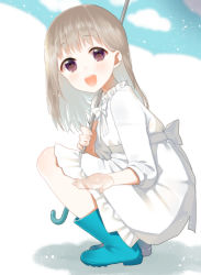 Rule 34 | 1girl, bad id, bad pixiv id, blue footwear, blush, boots, brown eyes, brown hair, furururu, holding, holding umbrella, long hair, long sleeves, looking at viewer, open mouth, original, rubber boots, smile, solo, squatting, umbrella