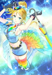 Rule 34 | 10s, 119, 1girl, ayase eli, bad id, bad pixiv id, belt, blonde hair, blue eyes, boots, closed umbrella, colorful, frills, gloves, hat, highres, love live!, love live! school idol festival, love live! school idol project, miniskirt, multicolored clothes, multicolored legwear, necktie, over-kneehighs, ponytail, rainbow, rainbow gradient, scrunchie, skirt, skirt set, smile, solo, thigh boots, thighhighs, umbrella