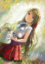 Rule 34 | 1girl, blonde hair, blue eyes, closed mouth, commentary request, flower, frilled skirt, frills, garden, hair ribbon, holding, holding watering can, long hair, miyai haruki, original, outdoors, photoshop (medium), plaid, plaid skirt, red ribbon, revision, ribbon, skirt, sleeveless, smile, solo, watering can