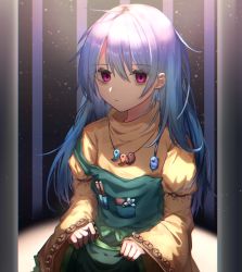 Rule 34 | 1girl, absurdres, apron, apron hold, armband, bags under eyes, black background, blue hair, cage, dress, expressionless, green apron, hair between eyes, haniyasushin keiki, high collar, highres, jewelry, light particles, long hair, looking at viewer, magatama, magatama necklace, mozuno (mozya 7), necklace, no headwear, purple eyes, sitting, sleeves past wrists, solo, spotlight, strap slip, touhou, very long hair, yellow dress