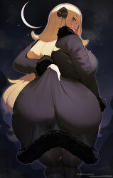 Rule 34 | 1girl, artist name, ass, blonde hair, breasts, clothes pull, creatures (company), crescent moon, curvy, cynthia (pokemon), from behind, fur trim, game freak, grey eyes, hair ornament, hand on own thigh, highres, huge ass, huge breasts, long hair, long sleeves, looking at viewer, looking back, mmmmmkun, moon, night, night sky, nintendo, plump, pokemon, pokemon dppt, sky, solo, star (sky), torn clothes, wide hips
