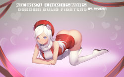 Rule 34 | 10s, 1girl, aila jyrkiainen, all fours, ass, bare shoulders, beret, blue eyes, blush, boots, bottomless, christmas, gundam, gundam build fighters, hat, heart, highres, long hair, looking at viewer, no panties, ryushin, santa costume, solo, thigh boots, thighhighs, white hair