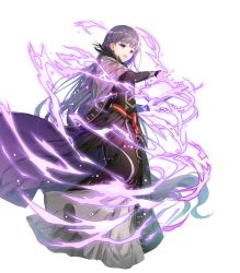 Rule 34 | 1girl, black dress, black feathers, book, cape, casting spell, dress, feathers, fire emblem, fire emblem heroes, full body, hair between eyes, highres, holding, holding book, long dress, long hair, magic, miwabe sakura, nintendo, official art, outstretched hand, purple eyes, purple hair, solo, sophia (fire emblem), transparent background, very long hair