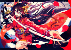 Rule 34 | 1girl, akabane (zebrasmise), black hair, blue eyes, hair ornament, hairclip, holding, japanese clothes, katana, kimono, letterboxed, long hair, mask, md5 mismatch, original, petals, resolution mismatch, scabbard, sheath, solo, source larger, sword, thighhighs, weapon, white thighhighs