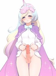 Rule 34 | 1boy, animal penis, blonde hair, blue bow, blue bowtie, blue hair, blush, bottomless, bow, bowtie, cape, cookie run, cowboy shot, cream unicorn cookie, feet out of frame, highres, horns, large penis, lifting own clothes, light blue hair, long hair, male focus, multicolored hair, niwa (niwa827), penis, purple cape, purple eyes, purple hair, simple background, single horn, smile, solo, testicles, thigh gap, thighs, third-party edit, trap, uncensored, very long hair, white background