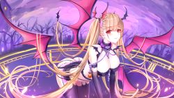 Rule 34 | 1girl, all fours, alternate costume, azur lane, bare shoulders, between breasts, bizure:, blonde hair, blush, breasts, chain, choker, cleavage, collar, demon girl, demon tail, demon wings, formidable (azur lane), garter belt, gloves, highres, jack-o&#039;-lantern, large breasts, light smile, long hair, looking at viewer, red eyes, revealing clothes, solo, tail, thighhighs, thong, twintails, very long hair, wings