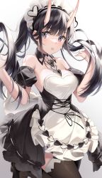 Rule 34 | 1girl, :p, absurdres, apron, azur lane, bare shoulders, black dress, black footwear, black hair, black thighhighs, breasts, clothing cutout, collarbone, commentary request, cowboy shot, dress, eyelashes, garter straps, gradient background, grey background, hands up, heart, heart cutout, highres, horns, long hair, looking at viewer, maid headdress, medium breasts, noshiro (azur lane), noshiro (hold the ice) (azur lane), official alternate costume, solo, standing, standing on one leg, strapless, strapless dress, thighhighs, tongue, tongue out, uosaasou, white apron, white background
