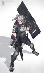 Rule 34 | 1girl, gun, highres, md5 mismatch, miv4t, original, rifle, shield, silver hair, tagme, twintails, weapon, yellow eyes