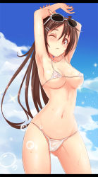 Rule 34 | 1girl, ;&lt;, armpits, arms up, bare shoulders, bikini, blush, breasts, brown eyes, brown hair, collarbone, covered erect nipples, cowboy shot, eyewear on head, gluteal fold, hair ornament, hairclip, letterboxed, long hair, looking at viewer, micro bikini, nakaichi (ridil), navel, original, see-through, see-through silhouette, solo, swimsuit, wet, wet clothes, white bikini