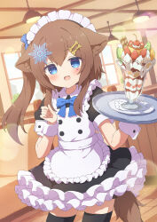 Rule 34 | 1girl, animal ear fluff, animal ears, blue eyes, blush, bone hair ornament, brown hair, commission, cowboy shot, day, dog ears, dog girl, dog tail, dutch angle, food, frills, fruit, hair ornament, hairpin, headdress, highres, ice cream, indoors, lens flare, maid, maid headdress, open mouth, original, parfait, paw print, plate, puffy sleeves, side ponytail, sidelocks, skeb commission, smile, solo, standing, star (symbol), star hair ornament, strawberry, strawberry parfait, tail, thighhighs, tyakomes, variant set, waitress, white headdress, zettai ryouiki