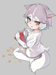 Rule 34 | 1girl, adapted costume, animal ears, blue eyes, blush, casual, chips (food), dog (mixed breed) (kemono friends), dog ears, dog tail, ears down, elbow gloves, failure, food, gloves, grey background, grey hair, grey pantyhose, heterochromia, kemono friends, looking at viewer, multicolored hair, nyifu, pantyhose, potato chips, shirt, short hair, short sleeves, simple background, sitting, solo, t-shirt, tail, tearing up, two-tone hair, wariza, white gloves, white hair, white pantyhose, white shirt, yellow eyes