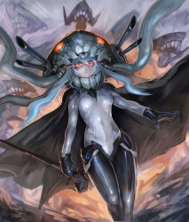 Rule 34 | 10s, 1girl, abyssal ship, bodysuit, cape, gloves, glowing, glowing eyes, highres, kantai collection, long hair, red eyes, shousuke (skirge), silver hair, solo, wo-class aircraft carrier