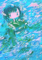 Rule 34 | 1girl, abstract, aqua eyes, bad id, bad twitter id, blue hair, breasts, expressionless, fins, green kimono, head fins, hito (nito563), impressionism, japanese clothes, kimono, long sleeves, looking at viewer, mermaid, monster girl, partially submerged, short hair, solo, touhou, wakasagihime, water, wide sleeves
