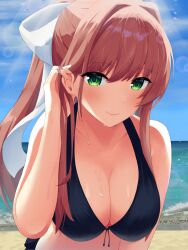 Rule 34 | 1girl, absurdres, arm at side, beach, bikini, black bikini, blue sky, bow, breasts, cleavage, closed mouth, cloud, collarbone, doki doki literature club, frilled bikini, frills, front-tie bikini top, front-tie top, green eyes, hair between eyes, hair bow, hand on own ear, hand up, highres, hot, large breasts, leaning forward, long hair, looking at viewer, monika (doki doki literature club), ocean, outdoors, playing with own hair, ponytail, sand, sascha517, shiny skin, sidelocks, sky, smile, solo, sparkle, sunlight, sweat, sweatdrop, swimsuit, upper body, water, waves, white bow