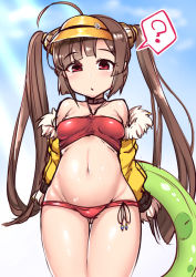 Rule 34 | 1girl, ?, ahoge, azur lane, bare shoulders, beach, beads, belly, bikini, blue sky, blush, breasts, brown hair, chestnut mouth, cloud, cloudy sky, coat, commentary request, cowboy shot, day, dot nose, from below, fur-trimmed coat, fur-trimmed jacket, fur-trimmed sleeves, fur trim, futoshi, futoshi (suraimu), gluteal fold, green innertube, groin, hair ornament, half-closed eyes, halterneck, holding, holding swim ring, innertube, jacket, legs together, long hair, long sleeves, looking at viewer, looking down, lowleg, lowleg bikini, off shoulder, open clothes, open jacket, open mouth, outdoors, parted bangs, ping hai (azur lane), ping hai (summer vacation) (azur lane), raised eyebrows, red bikini, red eyes, side-tie bikini bottom, sky, small breasts, solo, speech bubble, spoken question mark, standing, stomach, swim ring, swimsuit, thigh gap, twintails, very long hair, visor cap, yellow jacket