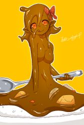 Rule 34 | 1girl, :p, akira (meltyhip), bow, breasts, completely nude, curry, dark-skinned female, dark skin, female focus, food, hair between eyes, hair bow, head tilt, highres, in food, mini person, minigirl, monster girl, nude, original, plate, pointy ears, red eyes, rice, simple background, slime girl, smile, solo, spoon, tongue, tongue out, yellow background