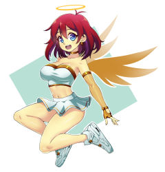 Rule 34 | 1girl, angel, angel wings, armlet, blue background, blue eyes, blush, breasts, choker, cleavage, collarbone, earrings, fingerless gloves, gloves, gold gloves, halo, highres, jewelry, jumping, large breasts, looking at viewer, midriff, navel, open mouth, original, red hair, shirt, shoes, short hair, skirt, smile, sneakers, solo, strapless, teeth, tube top, two-tone background, white background, white footwear, white shirt, white skirt, wind, wind lift, wings, zeshgolden