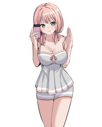 Rule 34 | 1girl, bang dream!, blush, breasts, camisole, cellphone, cleavage, closed mouth, collarbone, cowboy shot, green eyes, grey camisole, grey shorts, hands up, highres, holding, holding phone, large breasts, lifting own clothes, long hair, looking at viewer, loungewear, low twintails, phone, pink hair, ptal, selfie, short shorts, short twintails, shorts, simple background, smartphone, smile, solo, spaghetti strap, standing, strap lift, striped camisole, striped clothes, striped shorts, twintails, uehara himari, white background