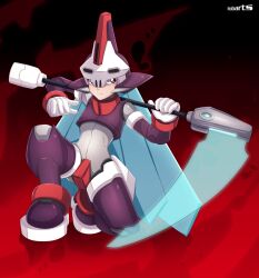 Rule 34 | 1boy, absurdres, armor, axasempai, blue hair, energy blade, full body, helmet, highres, holding, holding scythe, light blue hair, male focus, mega man (series), mega man zx, model w (mega man), power armor, prometheus (mega man), purple armor, purple helmet, red background, red eyes, scythe, skull-shaped hat, solo, white helmet