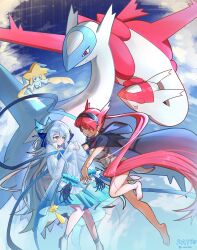 Rule 34 | 2girls, absurdly long hair, absurdres, arknights, barefoot, black cape, blue dress, blue eyes, blue footwear, blue petals, blush, cape, commentary request, creatures (company), crossover, dated, dress, feathered wings, feathers, game freak, gaoling gangqin, gen 3 pokemon, gradient dress, hair petal, head wings, highres, jirachi, latias, latios, legendary pokemon, long hair, mulberry (arknights), mulberry (reflection that of the moons) (arknights), multiple girls, mythical pokemon, nintendo, pokemon, pokemon (creature), red eyes, red hair, see-through, see-through sleeves, sleeves past fingers, sleeves past wrists, very long hair, very long sleeves, white feathers, white hair, white wings, wings