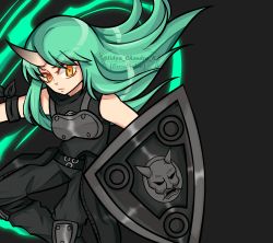 Rule 34 | 1girl, arknights, arm ribbon, armor, artist name, bare shoulders, black background, black dress, black pants, black ribbon, breastplate, commentary, dress, feet out of frame, female focus, floating hair, green hair, highres, holding, holding shield, horns, hoshiguma (arknights), knee pads, long hair, looking at viewer, necrophylum, pants, ribbon, shield, simple background, single horn, sleeveless, sleeveless dress, solo, twitter username, yellow eyes