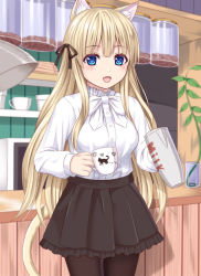 Rule 34 | 1girl, :d, animal ears, black pantyhose, black ribbon, black skirt, blonde hair, blue eyes, blush, cat ears, cat girl, cat tail, coffee beans, commentary request, cowboy shot, cup, dress shirt, hair ribbon, holding, holding cup, indoors, long hair, looking at viewer, open mouth, original, pantyhose, pleated skirt, ribbon, shirt, skirt, smile, solo, tail, teacup, tukino neru, very long hair, white shirt