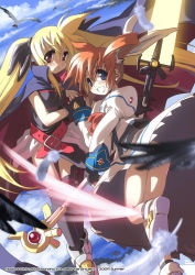 Rule 34 | 00s, 2girls, :d, animal, artistic error, bardiche (nanoha), bardiche (zanber form) (nanoha), belt, belt buckle, bird, black cape, black gloves, black legwear, blonde hair, blue eyes, blue sky, bow, bowtie, breasts, buckle, cape, censored, cloud, convenient censoring, crusoe, day, dress, fate testarossa, fate testarossa (lightning form), feathers, fingerless gloves, flying, from behind, gloves, glowing, glowing weapon, hair ribbon, holding, holding hands, holding staff, holding sword, holding weapon, juliet sleeves, long hair, long sleeves, looking at viewer, lyrical nanoha, mahou shoujo lyrical nanoha, multiple girls, no panties, open mouth, orange hair, orb, puffy sleeves, raising heart, raising heart (accel mode), red bow, red bowtie, red eyes, ribbon, sky, smile, staff, sword, takamachi nanoha, takamachi nanoha (sacred mode), tareme, thighhighs, twintails, upskirt, very long hair, weapon, white dress