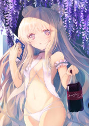 Rule 34 | + +, 1girl, absurdres, arm garter, azur lane, bare arms, bare shoulders, blonde hair, bottle, breasts, cola, commentary request, cowboy shot, double bun, flower, groin, hair bun, hand up, highres, holding, holding bottle, le malin (azur lane), le malin (mercredi at the secret base) (azur lane), long hair, looking at viewer, manjuu (azur lane), multi-strapped panties, navel, otogi kyouka, panties, parted lips, purple eyes, purple flower, small breasts, soda bottle, solo, standing, underwear, very long hair, white panties, wisteria