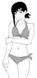 Rule 34 | 1girl, arm across chest, bikini, breasts, chainsaw man, closed mouth, greyscale, hair ornament, hairclip, higashiyama kobeni, highres, knew nothing, looking at viewer, monochrome, navel, short hair, short ponytail, side ponytail, single sidelock, small breasts, solo, standing, swimsuit