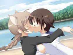 Rule 34 | 2girls, animal ears, blush, braid, braided ponytail, breasts, breasts out, brown hair, cat ears, cat tail, closed eyes, kiss, large breasts, long hair, lynette bishop, miyafuji yoshika, multiple girls, nagase yutaka, nipples, no bra, outdoors, ponytail, short hair, small breasts, strike witches, tail, world witches series, yuri