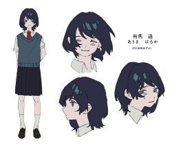 Rule 34 | 1girl, arima haruka, arms behind back, black hair, black skirt, blue eyes, blue sweater vest, blush, character name, character sheet, closed eyes, collared shirt, commentary request, cropped head, crying, crying with eyes open, expressions, floating hair, furrowed brow, grin, highres, kneehighs, loafers, looking at viewer, medium hair, multiple views, necktie, pleated skirt, red necktie, sad smile, sazanami no shoujo-tachi, school uniform, shirt, shoes, short sleeves, simple background, skirt, smile, socks, soma michiko, sweater vest, tears, white background, white shirt, white socks