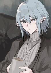 Rule 34 | 1boy, black jacket, blue eyes, blue hair, closed mouth, couch, cup, ear piercing, final fantasy, final fantasy xiv, grey sweater, hair between eyes, haurchefant greystone, highres, holding, holding cup, jacket, kinona, looking at viewer, male focus, mug, on couch, open clothes, open jacket, piercing, pointy ears, smile, solo, sweater, turtleneck, turtleneck sweater, upper body