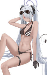 Rule 34 | 1girl, absurdres, arm up, bikini, black bikini, black choker, black gloves, blue archive, breasts, choker, dark-skinned female, dark skin, demon tail, eyewear on head, gloves, grey hair, hair over one eye, halo, highres, invisible chair, iori (blue archive), iori (swimsuit) (blue archive), kuyoumi, long hair, multi-strapped bikini bottom, navel, parted lips, pointy ears, red eyes, sitting, skindentation, small breasts, solo, stomach, sunglasses, swimsuit, tail, tan, thigh strap, thighs, twintails, v-shaped eyebrows, very long hair