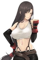 Rule 34 | 1girl, belt, black hair, breasts, collarbone, crop top, elbow gloves, final fantasy, final fantasy vii, fingerless gloves, gloves, hand on own hip, highres, j@ck, large breasts, long hair, looking to the side, low-tied long hair, navel, simple background, sleeveless, smile, solo, square enix, stomach, tank top, tifa lockhart, toned, white background