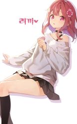 Rule 34 | 1girl, :o, black choker, black skirt, black socks, blush, choker, copyright request, drop shadow, feet out of frame, hand up, highres, kneehighs, long sleeves, looking at viewer, parted lips, pleated skirt, red eyes, red hair, se.a, skirt, sleeves past wrists, socks, solo, translation request, white background