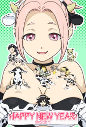 Rule 34 | 2021, 6+girls, :&lt;, :d, angry, animal, animal costume, animal ears, animal on shoulder, animal print, anna (watamote), bags under eyes, bandeau, banner, bare shoulders, bell, between breasts, black collar, black hair, black hairband, blonde hair, blood, blunt bangs, blush, boots, breasts, bruise, calendar (medium), chinese zodiac, cleavage, clenched hands, clenched teeth, closed mouth, collar, collarbone, commentary request, cow costume, cow ears, cow girl, cow horns, cow print, cow tail, cowbell, dog, elbow gloves, english text, eyes in shadow, eyes visible through hair, fake animal ears, fake horns, fake tail, floating hair, futaki shiki, gloves, green background, green eyes, green hair, grey hair, hair between eyes, hairband, happy new year, highres, holding, horns, ichikawa masahiro, imae megumi, injury, jingle bell, jumping, kuroki tomoko, large breasts, leg up, long hair, long sleeves, looking at viewer, looking down, maro (watamote), medium breasts, midriff, mini person, minigirl, motion lines, multicolored hair, multiple girls, navel, neck bell, nengajou, new year, nosebleed, on shoulder, open mouth, outline, pink eyes, pink hair, polka dot, polka dot background, print bandeau, print gloves, print skirt, punching, rena (watamote), scratches, short hair, short twintails, sitting, skirt, smile, solid circle eyes, sound effects, standing, standing on one leg, tail, tail wagging, teeth, tongue, tongue out, triangle mouth, twintails, two-tone hair, two-tone hairband, upper body, watashi ga motenai no wa dou kangaetemo omaera ga warui!, white hairband, white outline, year of the ox, yoshida masaki