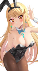 Rule 34 | 1girl, animal ears, aqua bow, aqua bowtie, black leotard, blonde hair, blush, bow, bowtie, breasts, brown pantyhose, chest jewel, cleavage, commentary, cowboy shot, detached collar, earrings, fake animal ears, highres, jewelry, kyaro (wanu 14), large breasts, leaning forward, leotard, long hair, looking at viewer, mythra (xenoblade), pantyhose, playboy bunny, simple background, solo, strapless, strapless leotard, swept bangs, very long hair, white background, wrist cuffs, xenoblade chronicles (series), xenoblade chronicles 2, yellow eyes