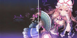 Rule 34 | 1girl, absurdres, album cover, an2a, blonde hair, breasts, cleavage, cover, dress, embellished costume, hand fan, female focus, frills, gloves, hair ribbon, hat, highres, lace, long hair, purple eyes, ribbon, scan, scan artifacts, solo, touhou, white gloves, yakumo yukari